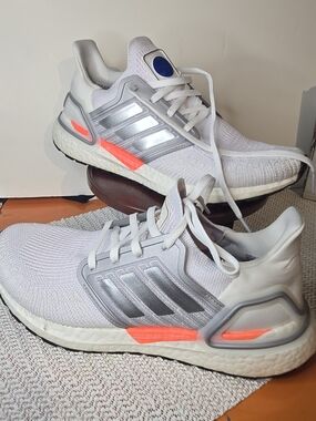 adidas Women's White Sneakers with Silver Stripes and Neon Coral Accents